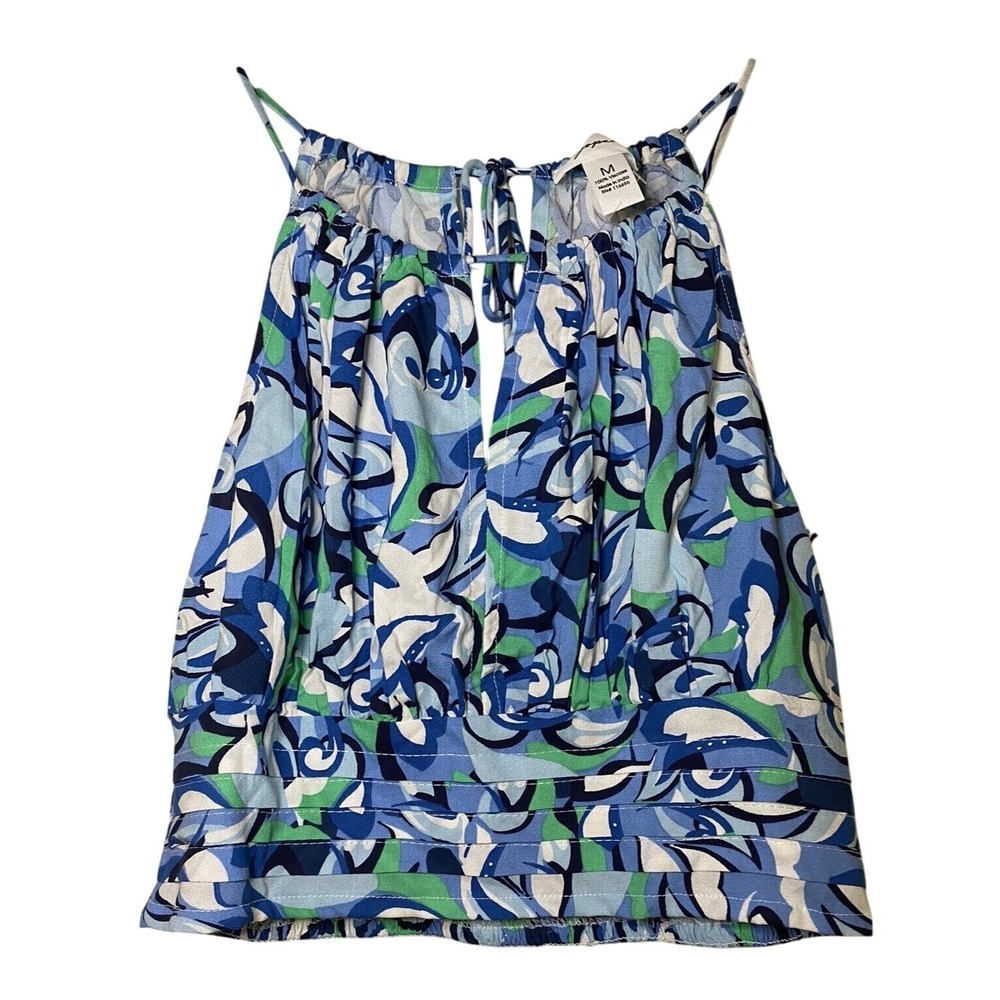 Japna Blue Green‎ Floral Halter Neck Keyhole Top Smocked Back Style 10207 M